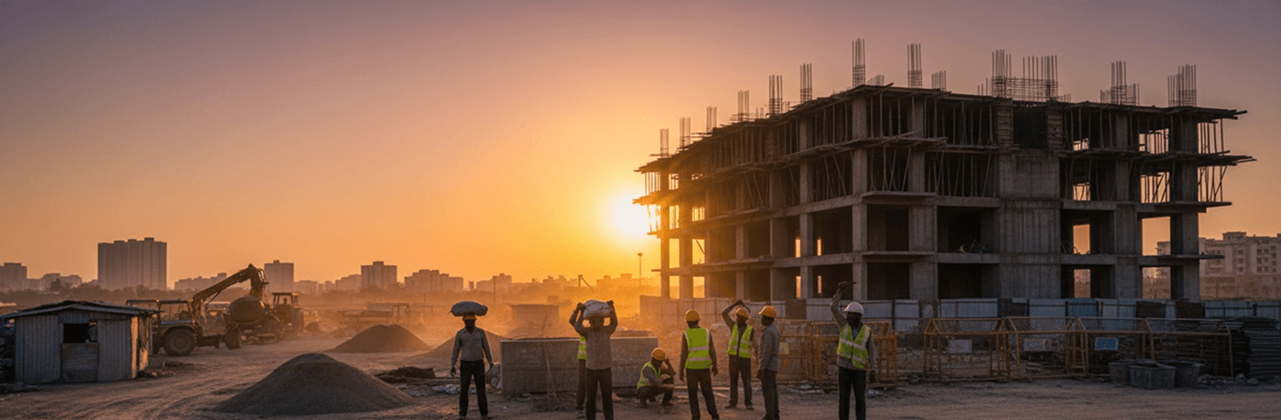 Construction site at sunset representing India's modern workforce