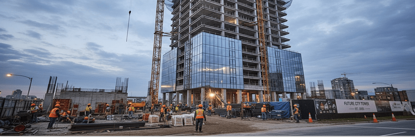 Construction site workers building a modern high-rise